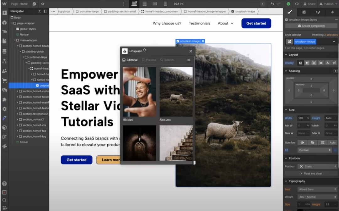 Unsplash app panel in the Webflow Designer, browsing stock photos, with a photo of a sheep placed in the hero image.