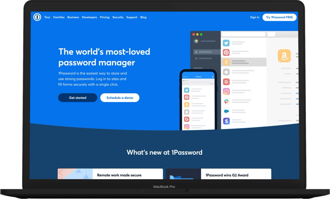 1Password homepage, “The world’s most-loved password manager”, shown on a MacBook Pro mockup.