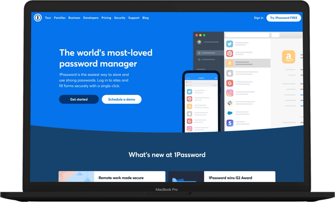 1Password homepage, “The world’s most-loved password manager”, shown on a MacBook Pro mockup.
