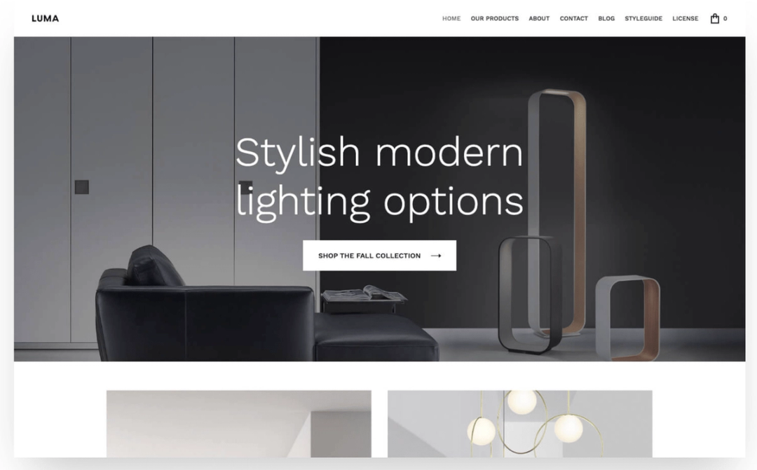 LUMA Webflow template homepage showing modern floor lamps beside a leather sofa, headlined “Stylish modern lighting options”.