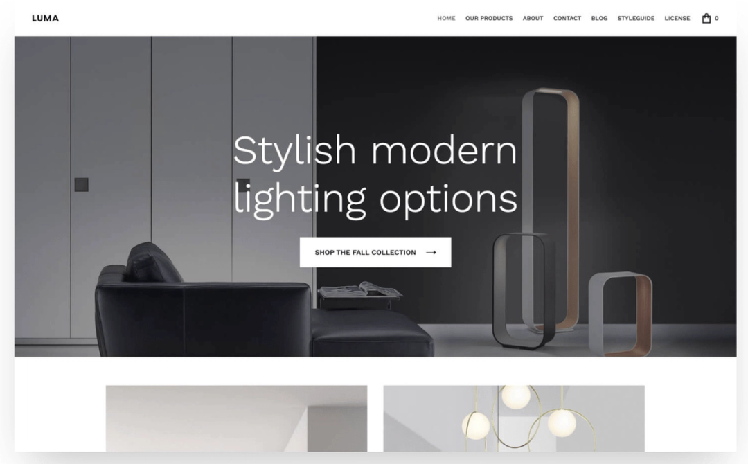 LUMA Webflow template homepage showing modern floor lamps beside a leather sofa, headlined “Stylish modern lighting options”.