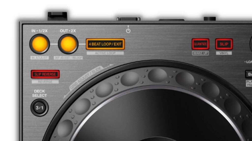 Close-up of the controller’s loop section, with lit In and Out buttons and a 4 Beat Loop/Exit button above the jog wheel.