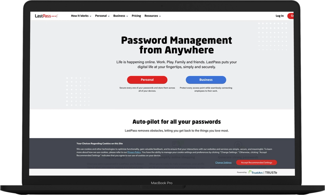 LastPass homepage, “Password Management from Anywhere”, shown on a MacBook Pro mockup.
