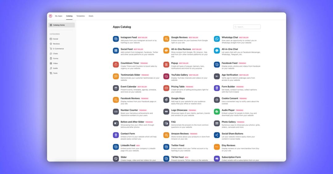 Screenshot of Elfsight App catalog