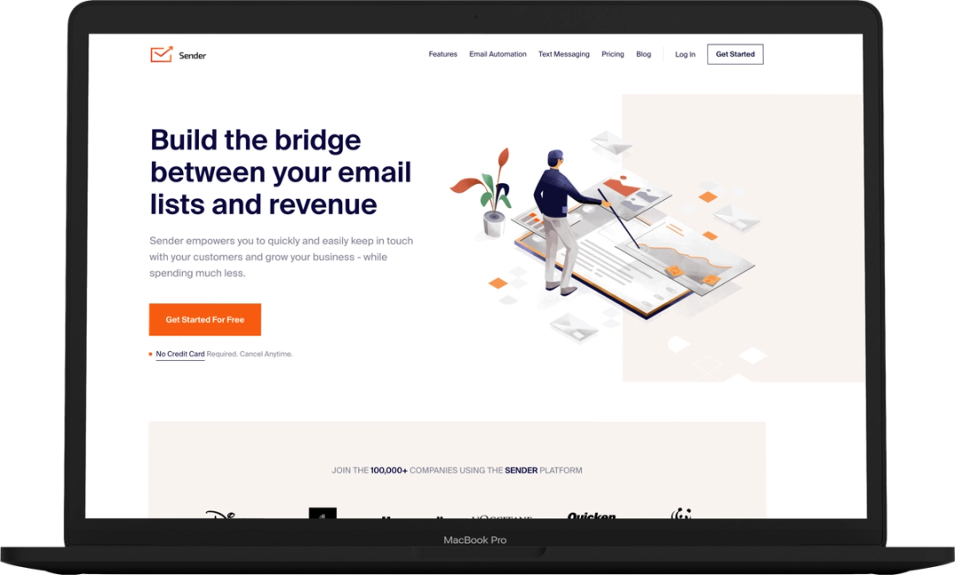 Sender homepage on a MacBook Pro, headlined “Build the bridge between your email lists and revenue”.