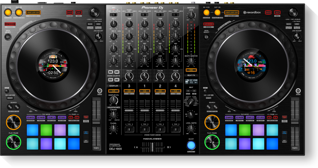 Top-down view of the Pioneer DJ DDJ-1000 controller, with two jog wheels, a four-channel mixer and colour-lit pads.