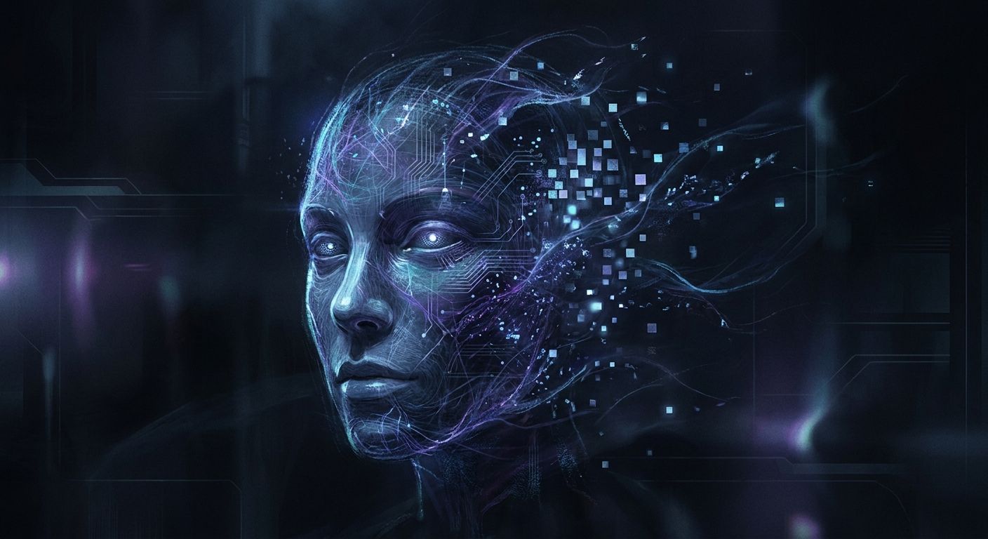 A human face dissolving into glowing blue and violet digital particles, suggesting a synthetic AI-generated identity