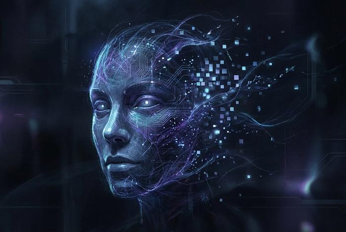 A human face dissolving into glowing blue and violet digital particles, suggesting a synthetic AI-generated identity