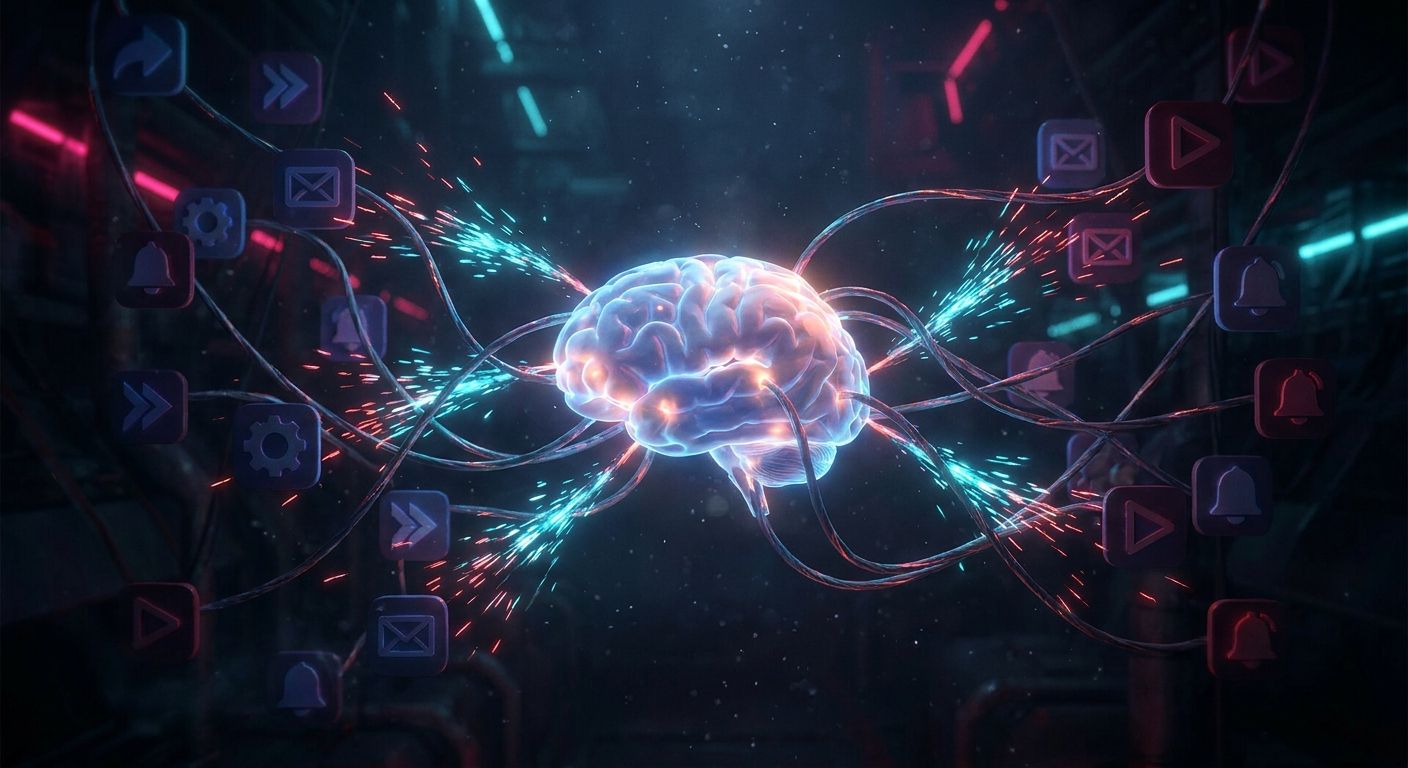 A glowing human brain wired into a network of app icons and notification bells, with light pulses representing dopamine hits