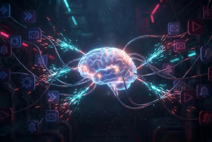 A glowing human brain wired into a network of app icons and notification bells, with light pulses representing dopamine hits
