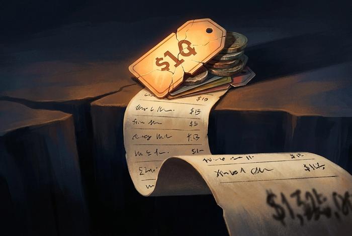 A glowing price tag cracked open to reveal hidden tags and coins, with a long receipt unrolling beneath it and adding fee after fee