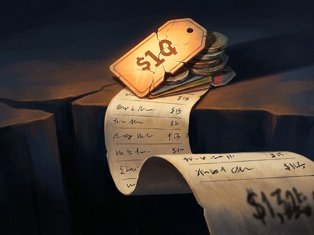 A glowing price tag cracked open to reveal hidden tags and coins, with a long receipt unrolling beneath it and adding fee after fee