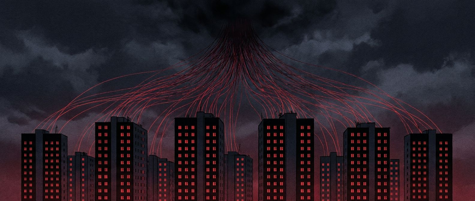 A row of identical apartment buildings at night, their windows glowing the same synchronized red, connected by glowing data threads to a single unseen server node hovering above them