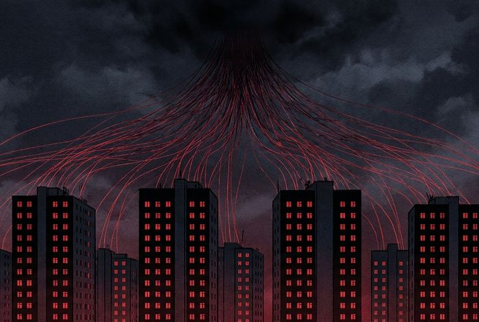 A row of identical apartment buildings at night, their windows glowing the same synchronized red, connected by glowing data threads to a single unseen server node hovering above them