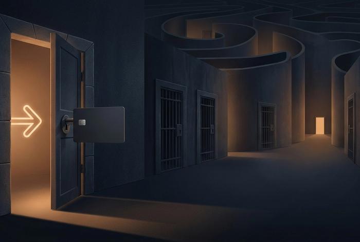 A wide open entrance door with a credit card in the lock, contrasted with a long winding maze of locked corridors leading to a tiny, faint exit