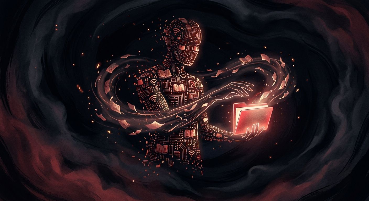 An anonymous human silhouette formed from thousands of tiny glowing data fragments streaming inward and being assembled by unseen hands into a single luminous folder