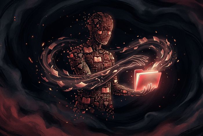 An anonymous human silhouette formed from thousands of tiny glowing data fragments streaming inward and being assembled by unseen hands into a single luminous folder