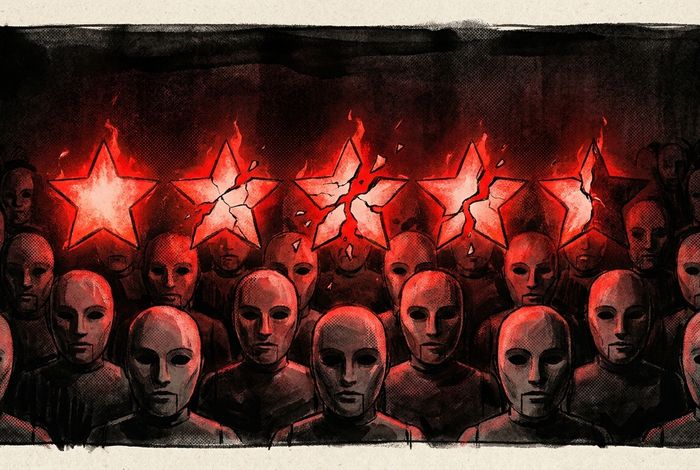 A glowing five-star rating cracking apart to reveal rows of identical faceless mask-like figures stacked behind it, propping it up