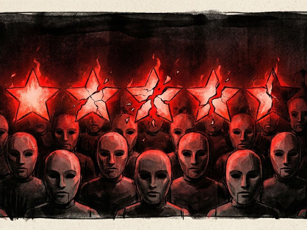 A glowing five-star rating cracking apart to reveal rows of identical faceless mask-like figures stacked behind it, propping it up