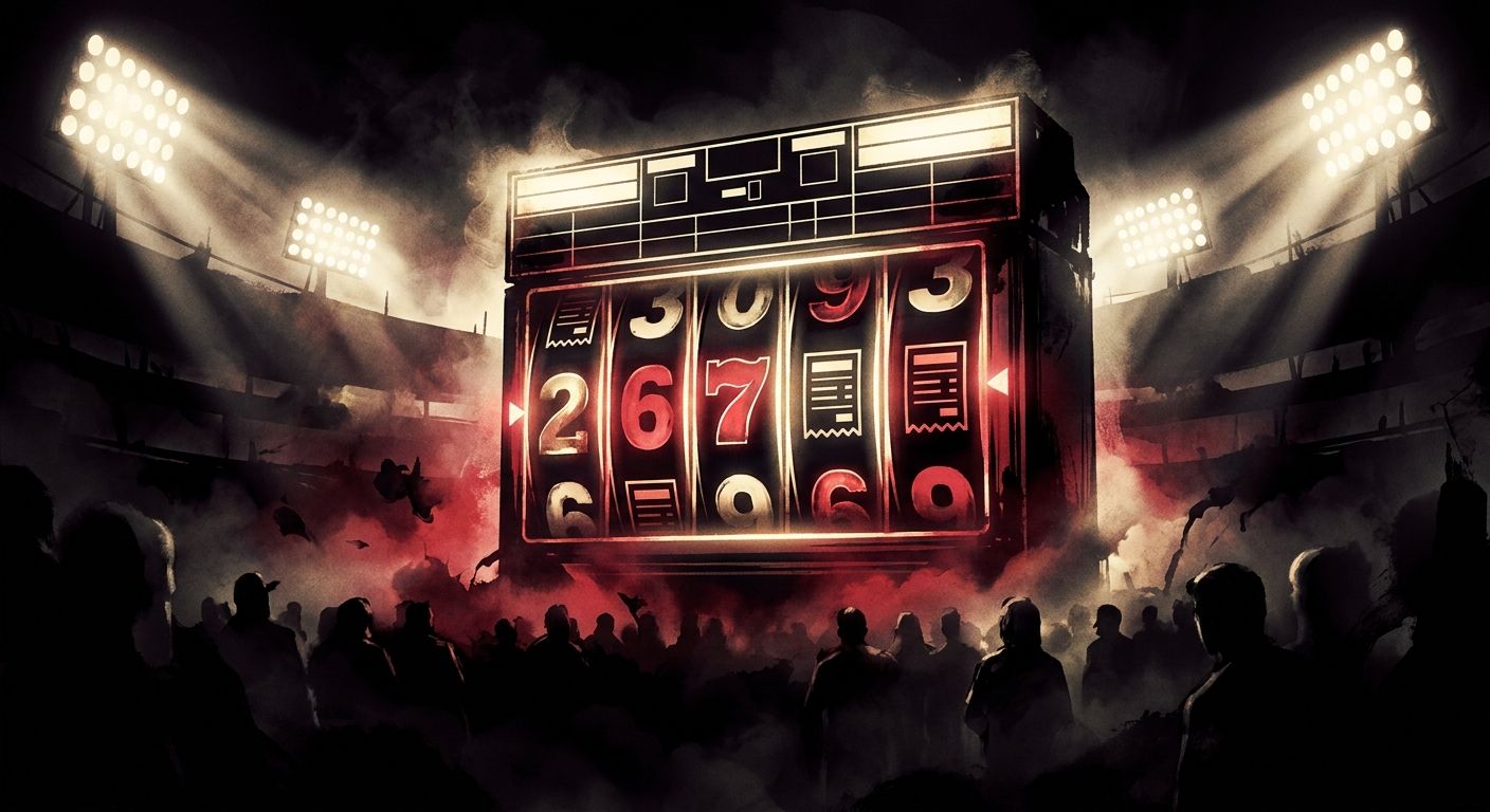 A glowing sports stadium scoreboard at night morphing into a slot machine reel, with odds numbers spinning where the score should be