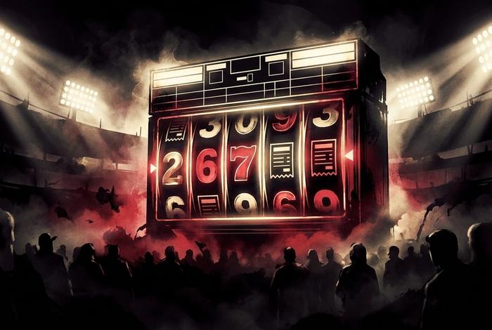 A glowing sports stadium scoreboard at night morphing into a slot machine reel, with odds numbers spinning where the score should be