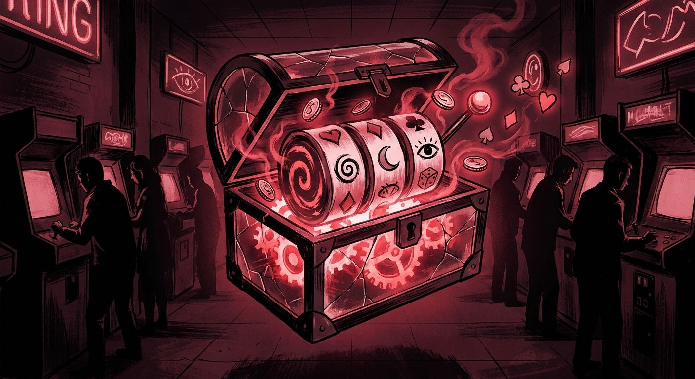 A glowing translucent treasure chest cracked open mid-air, with slot-machine reels of symbols spinning inside it instead of treasure, against a dark moody arcade backdrop