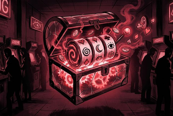 A glowing translucent treasure chest cracked open mid-air, with slot-machine reels of symbols spinning inside it instead of treasure, against a dark moody arcade backdrop