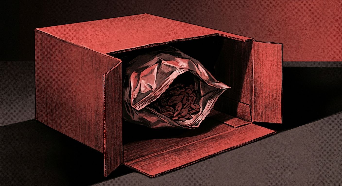 A full-size grocery package shown in cross-section, its contents shrunken and pulled away from the interior walls, leaving a dark hollow gap