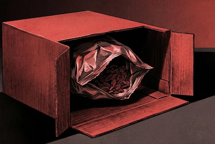 A full-size grocery package shown in cross-section, its contents shrunken and pulled away from the interior walls, leaving a dark hollow gap