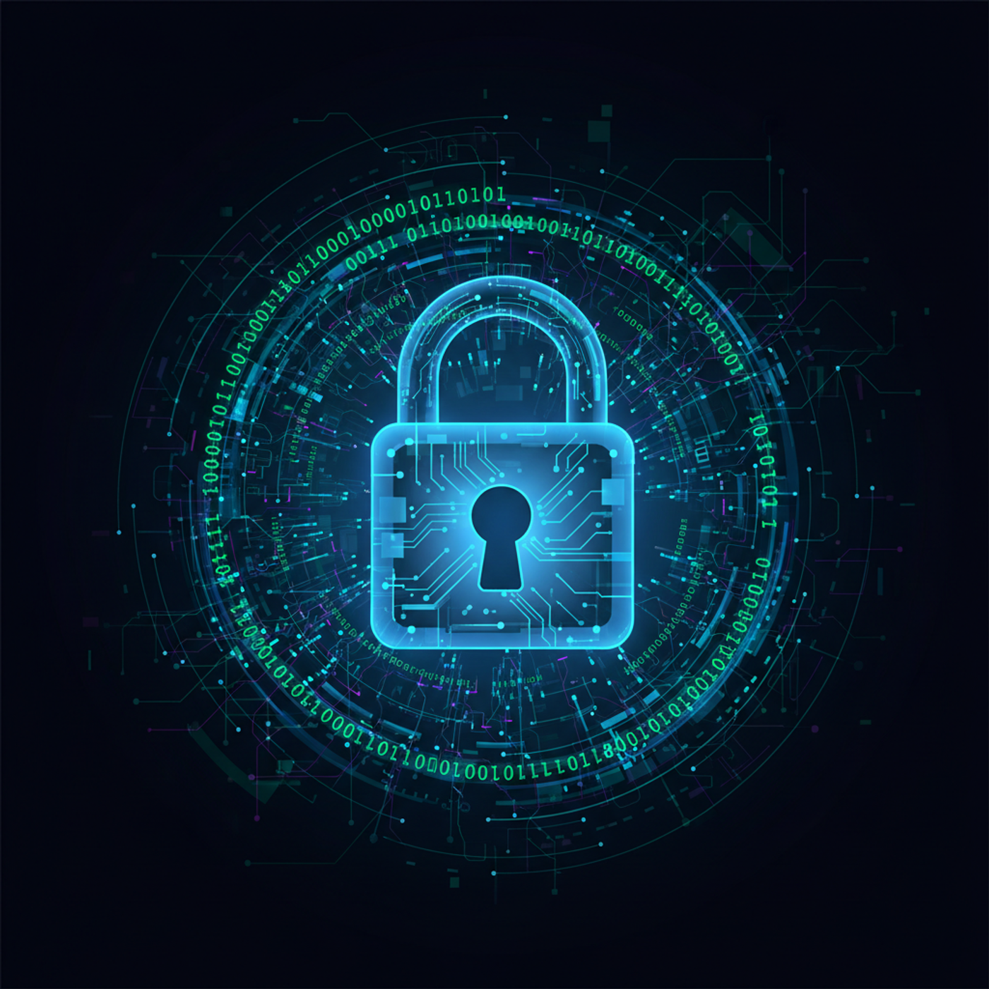 A glowing blue digital padlock in a data stream