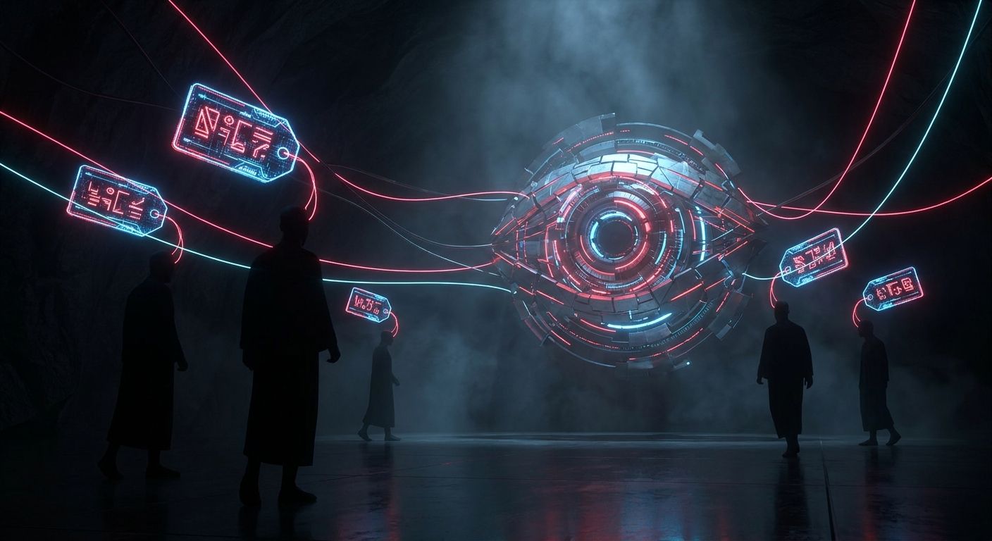 Glowing price tags with different numbers floating above anonymous shopper silhouettes, each connected by data streams to a central watching algorithmic eye