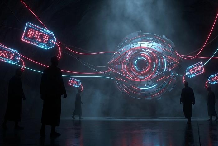 Glowing price tags with different numbers floating above anonymous shopper silhouettes, each connected by data streams to a central watching algorithmic eye