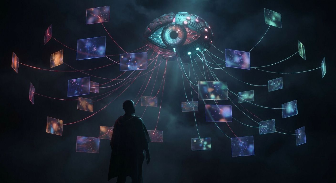 A human silhouette surrounded by dozens of glowing floating ad-panel screens, all connected by data threads to a central algorithmic eye