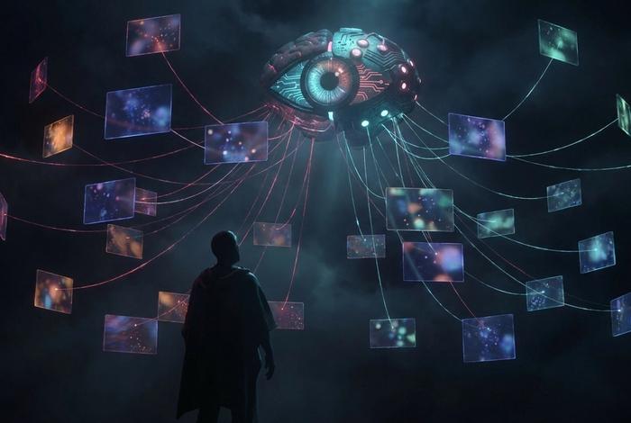A human silhouette surrounded by dozens of glowing floating ad-panel screens, all connected by data threads to a central algorithmic eye