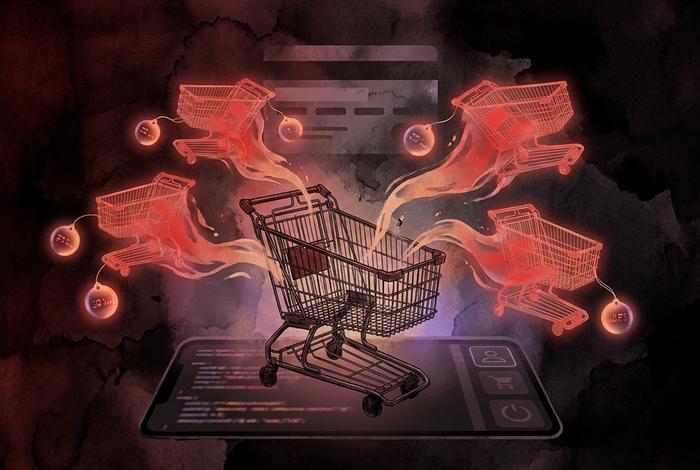 A shopping cart splitting into four glowing translucent copies of itself, each trailing a countdown-clock payment tag, above a dark checkout screen with a faint credit-card silhouette