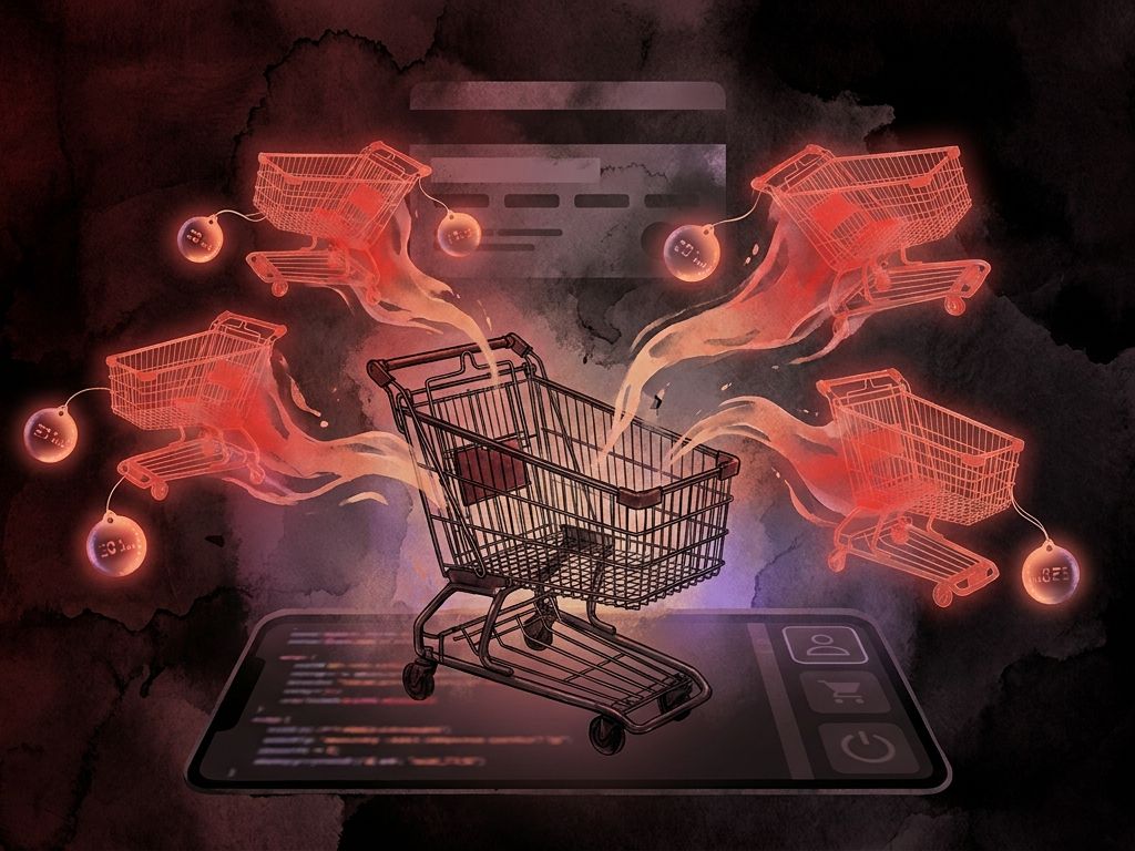 A shopping cart splitting into four glowing translucent copies of itself, each trailing a countdown-clock payment tag, above a dark checkout screen with a faint credit-card silhouette