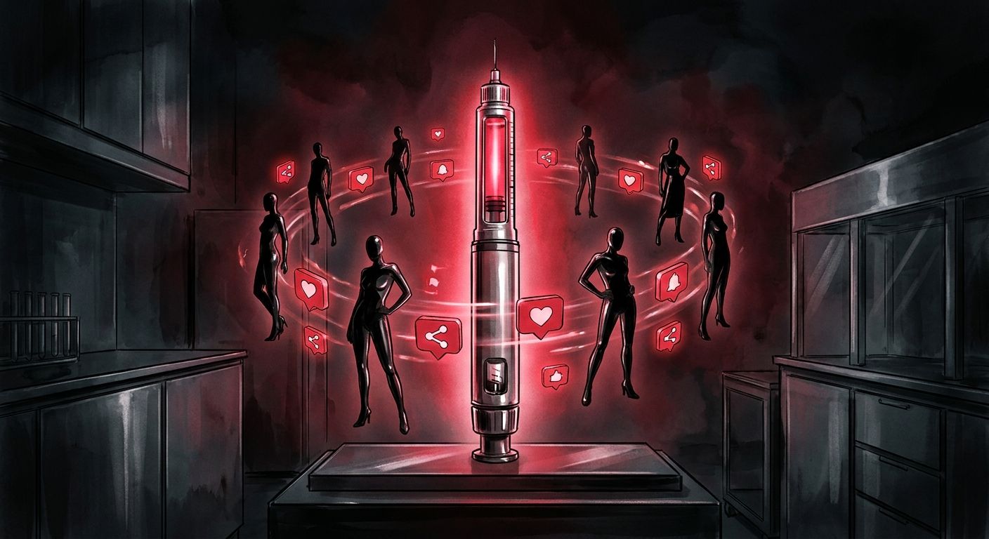 A glowing injector pen standing like a monolith, surrounded by a swirling halo of glossy magazine silhouettes and social media notification icons