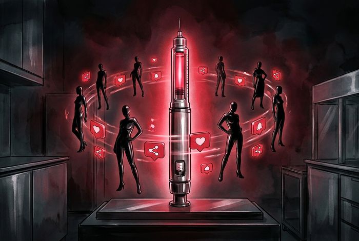 A glowing injector pen standing like a monolith, surrounded by a swirling halo of glossy magazine silhouettes and social media notification icons