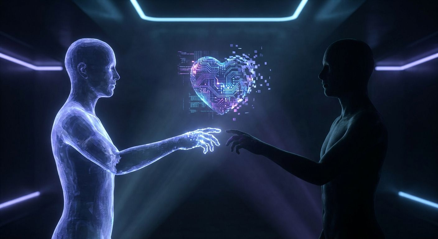 A translucent holographic human silhouette reaching toward a real human, with a glowing circuit-pattern heart suspended between their almost-touching hands