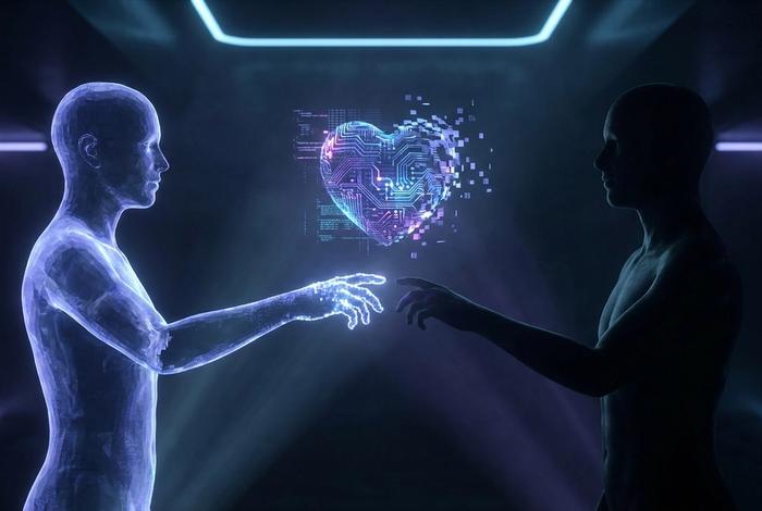 A translucent holographic human silhouette reaching toward a real human, with a glowing circuit-pattern heart suspended between their almost-touching hands