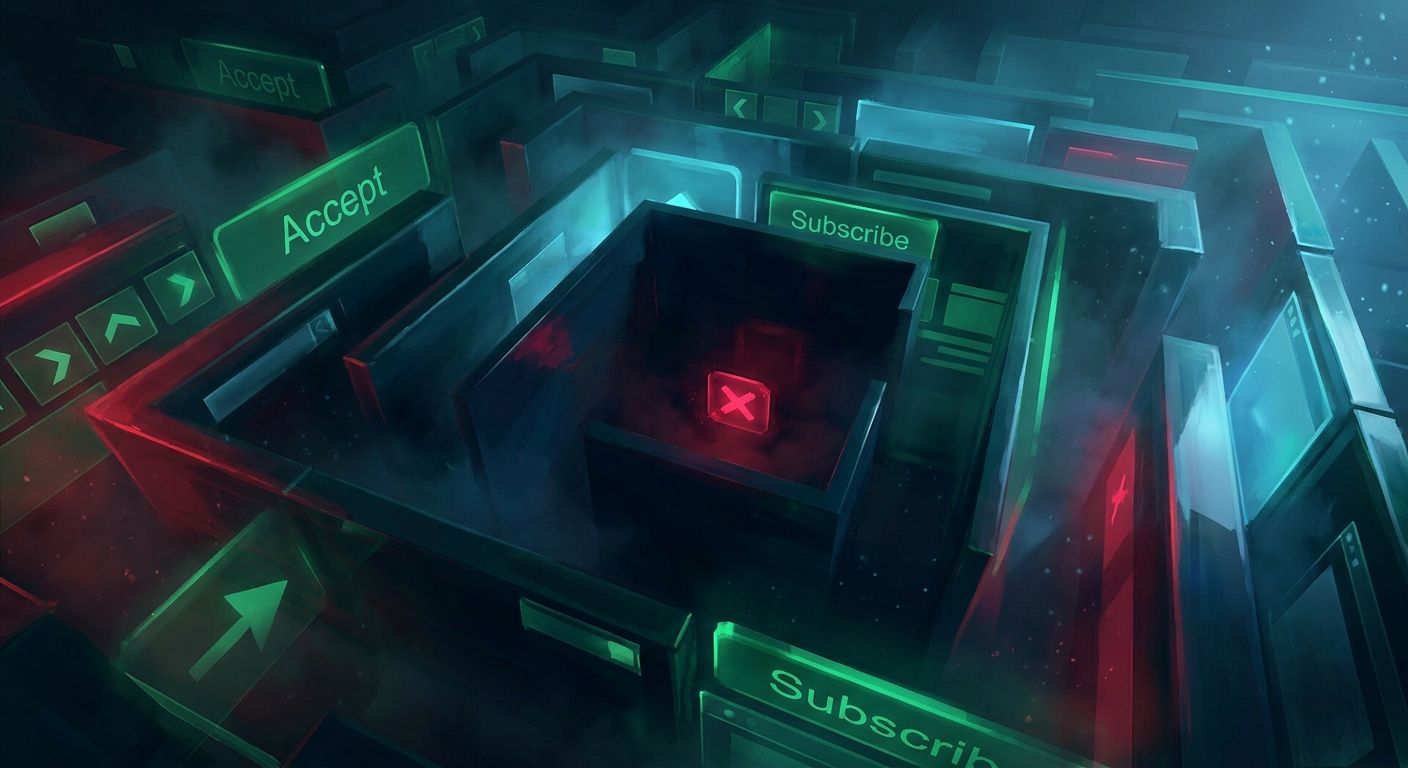 A maze of glowing green interface buttons trapping a single red exit button, illustrating manipulative dark-pattern UI design