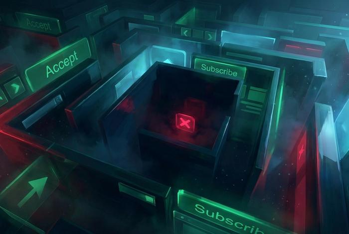 A maze of glowing green interface buttons trapping a single red exit button, illustrating manipulative dark-pattern UI design