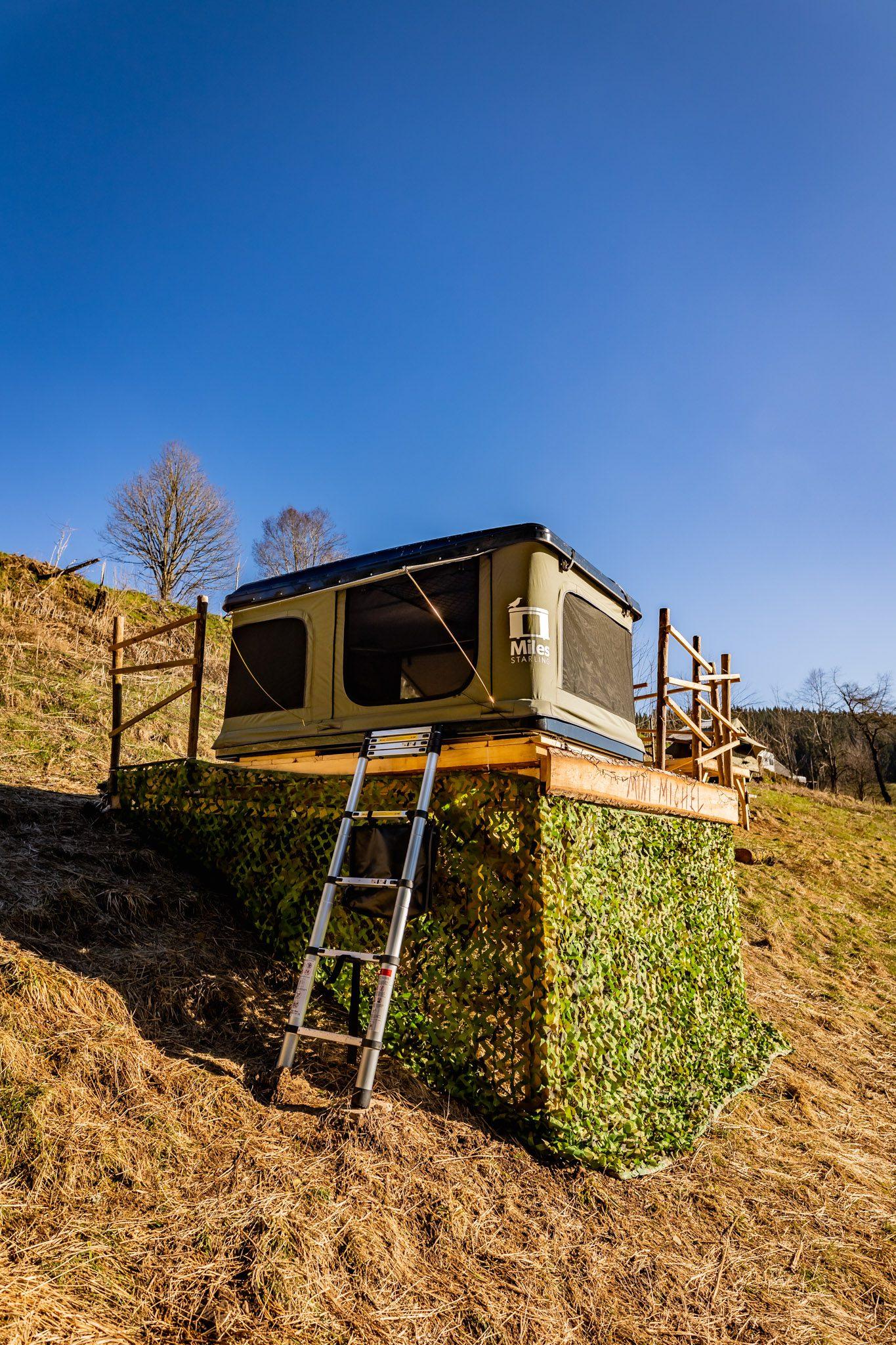 Dachzelt auf einem mit Gras bewachsenen Unterbau mit Leiter unter blauem Himmel