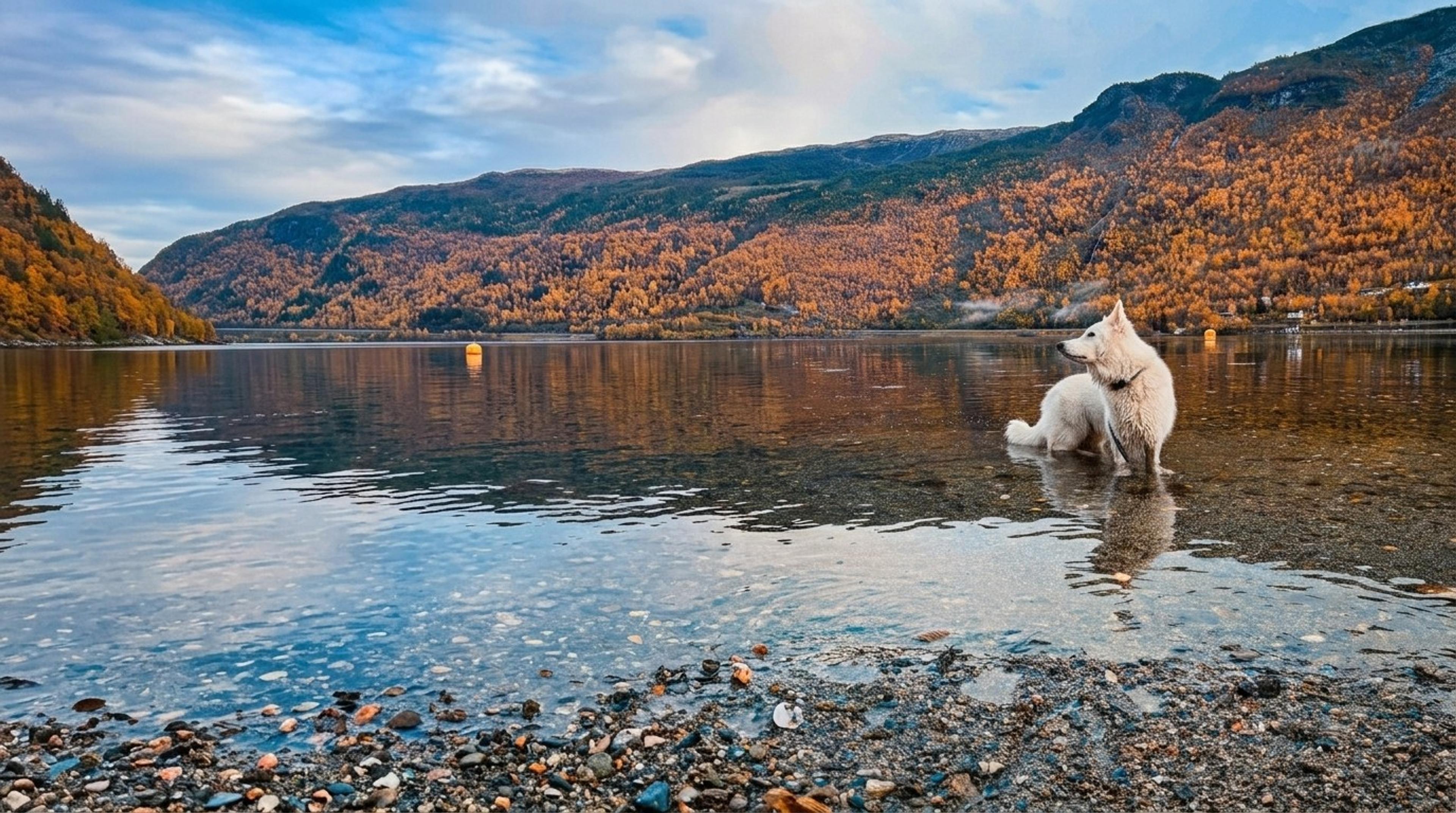 Weißer Schäferhund steht im flachen, klaren Wasser eines Fjords, dahinter herbstlich orange gefärbte Berghänge