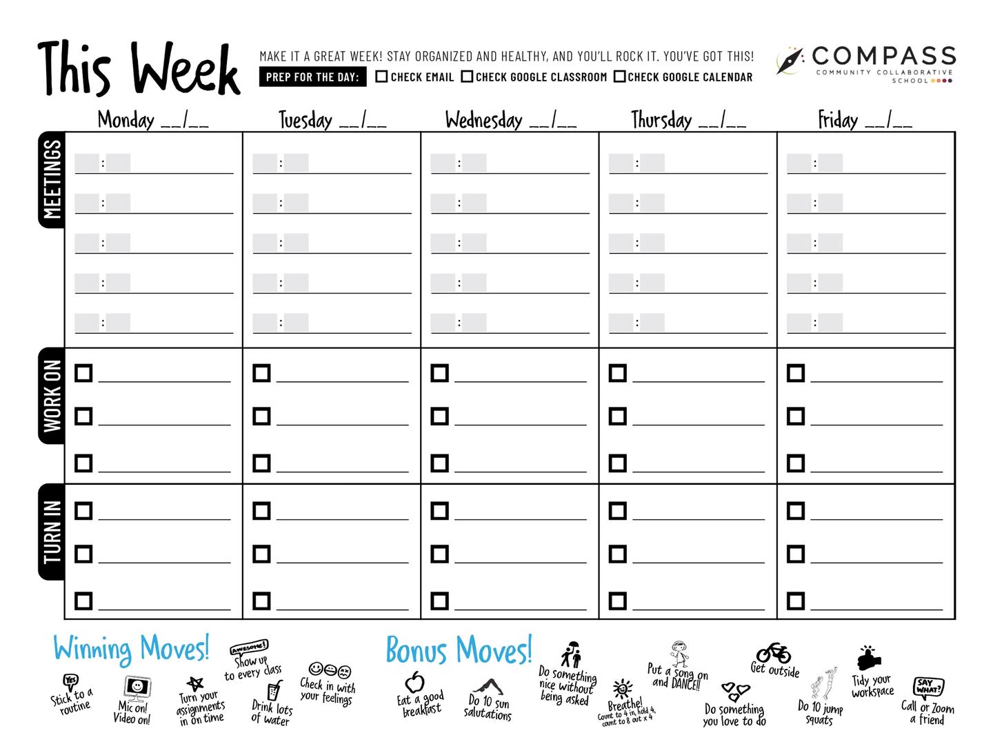 Week planner for helping student stay organized when learning from home and distance learning