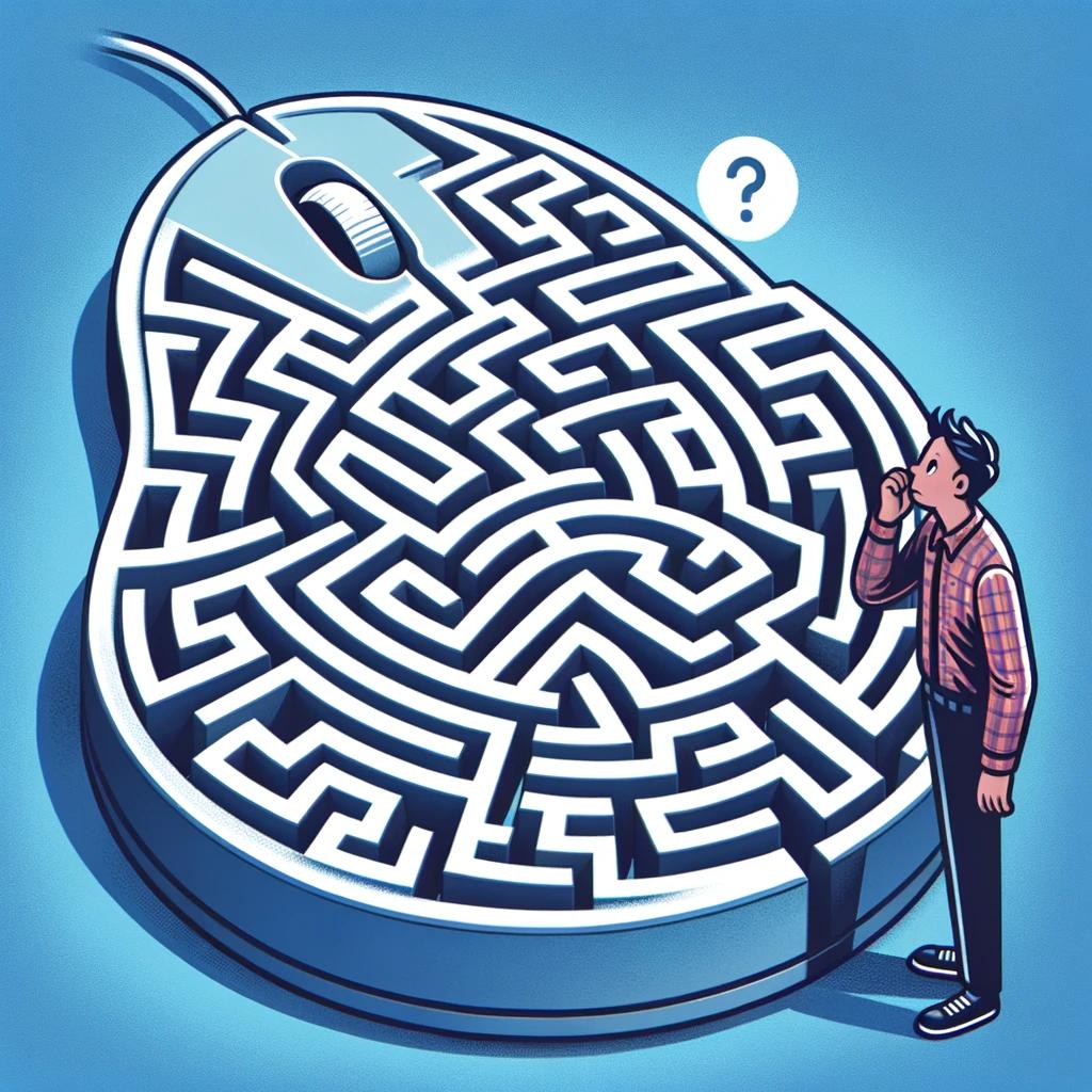 Illustration of a person looking confused in a computer mouse-shaped maze, symbolizing the complexity of UX design in web development. The maze is intricate, highlighting the challenges of navigating user experience design.