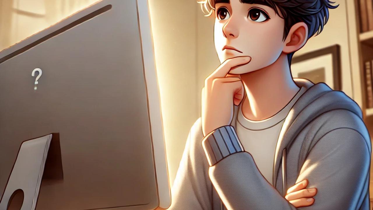 A person sitting in front of a computer, lost in thought, with a cozy and inviting study background.