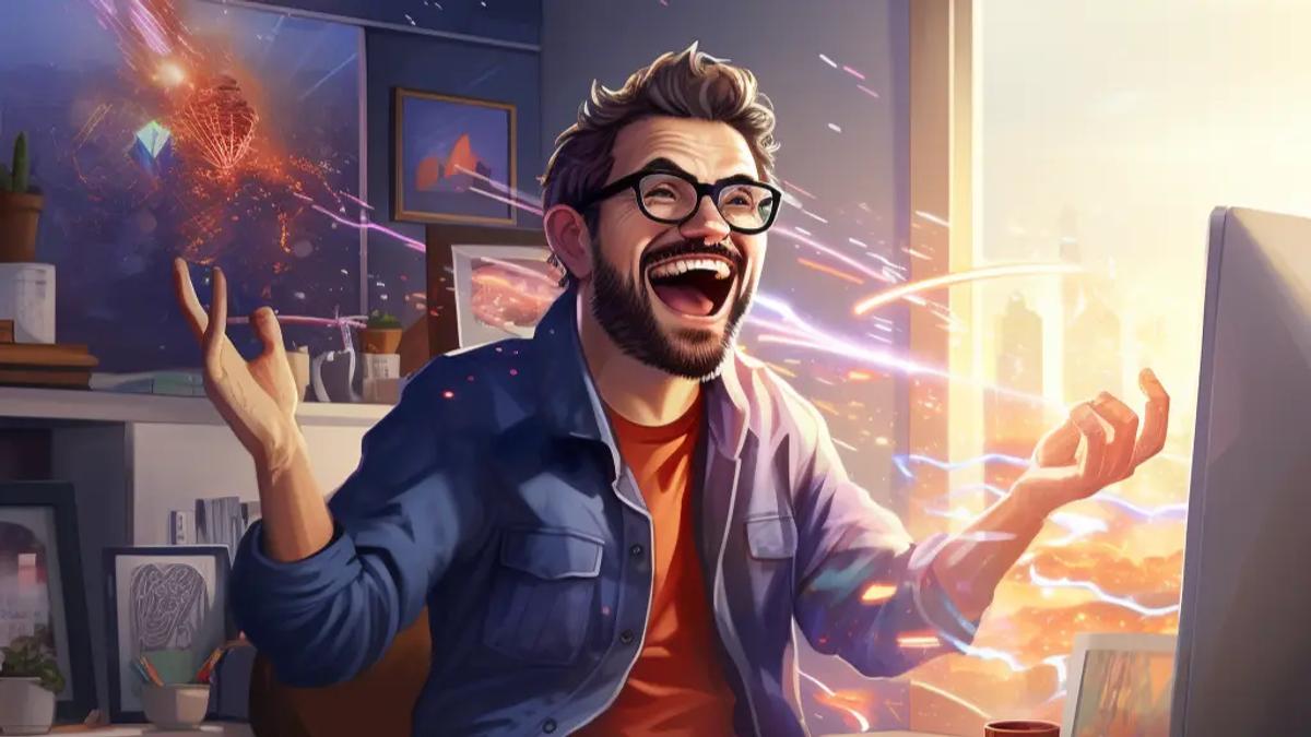 A picture of very happy programmer working on a project.