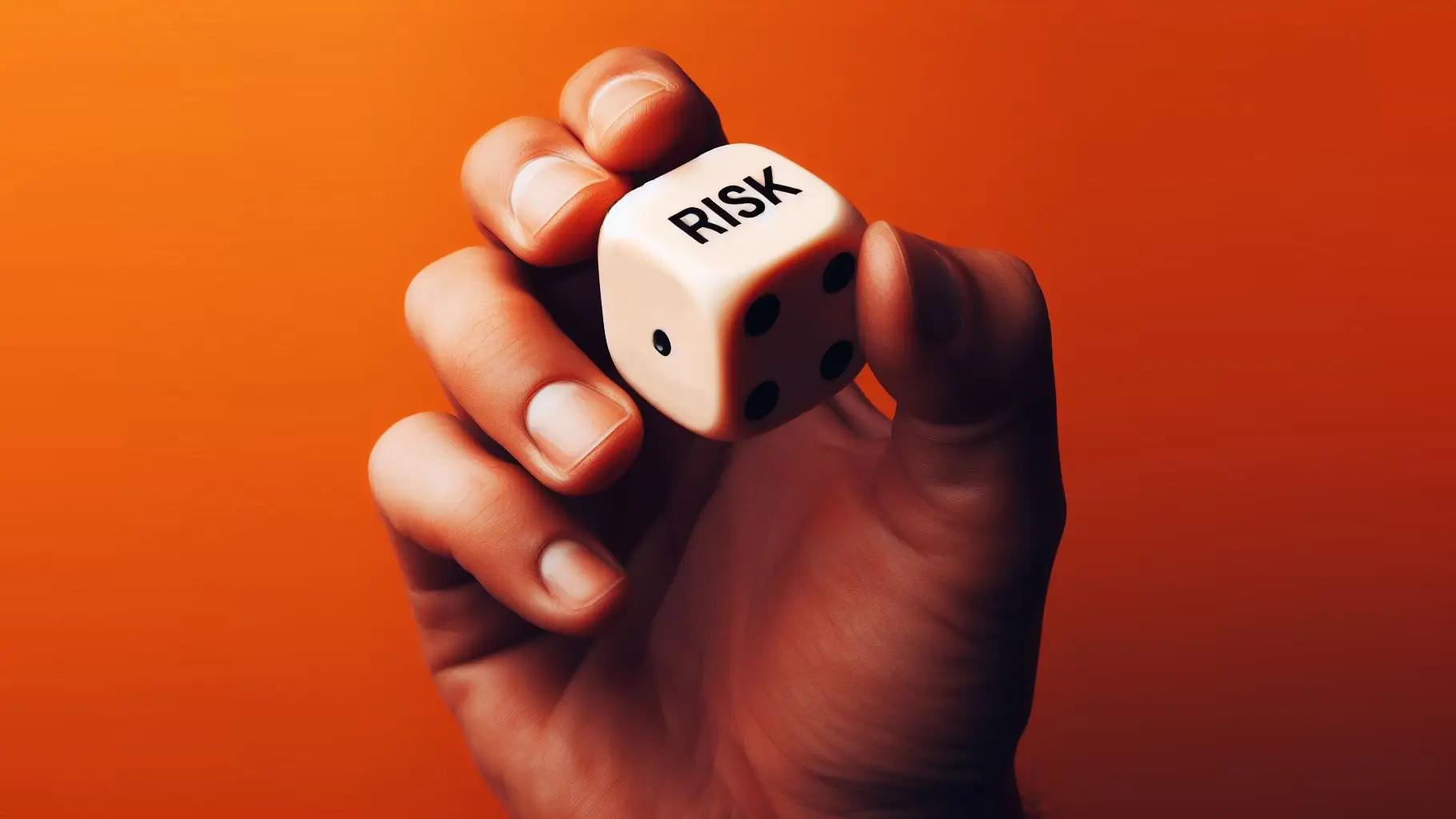 hand holding a dice where one side is labelled 'risk'