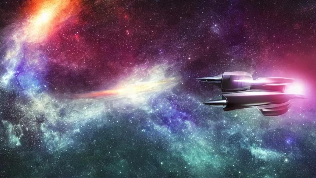 A picture of a space ship flying through space.